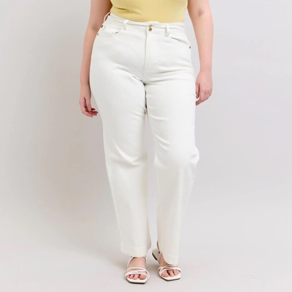 NWT Judy Blue High Waist Double Button‎ White Wide Leg Denim Jeans 14W - Picture 3 of 10